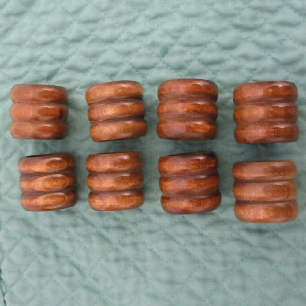 Carved Natural Brown Round Wood Napkin Rings Holders 1.5